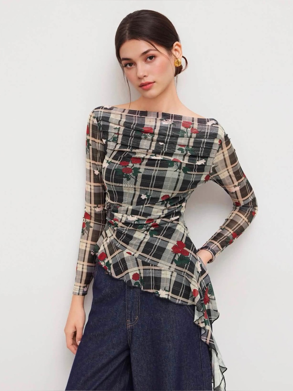 Cider MESH BOAT NECK ROSE PLAID RUFFLE HEM TOP XL nwt